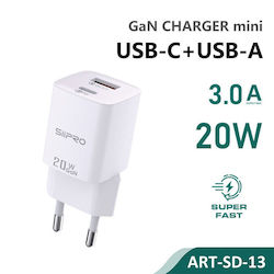 SiiPro Încărcător Fără Cablu GaN cu Port USB-A și Port USB-C 20W Livrarea energiei Albς (SD-13)