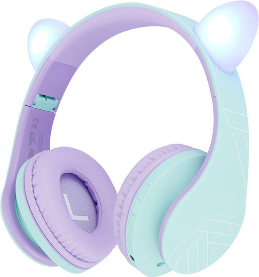 PowerLocus P2 Kids Cat Ears Ασύρματα / Ενσύρματα Over Ear Ακουστικά με Ραδιόφωνο με 20 ώρες Λειτουργίας Blue & Purple