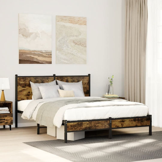 Double Wooden Brown Bed with Slats for Mattress 137x190cm 4007813