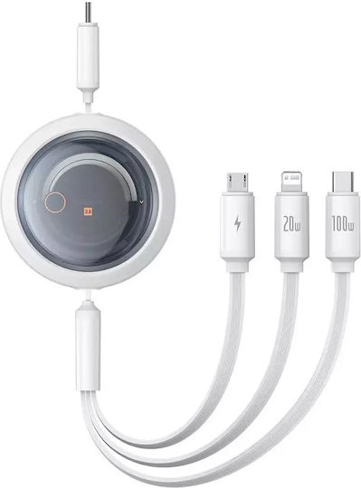 Baseus Free2draw Retractable USB to Type-C / Lightning / micro USB Cable 3.5A Λευκό 1.1m P10368700211-03
