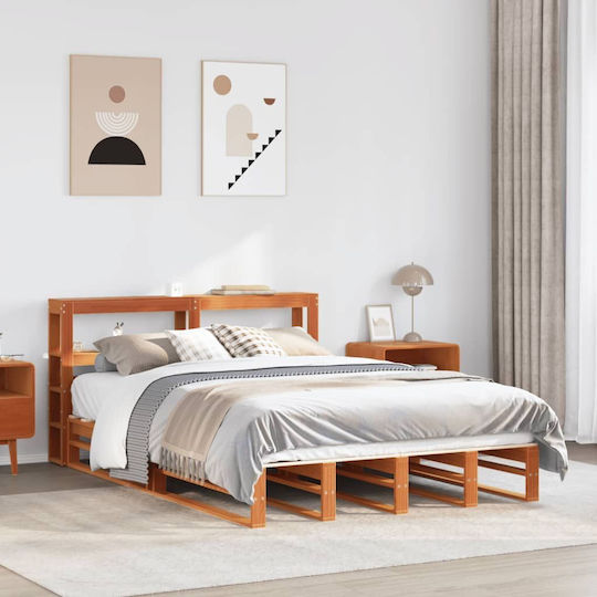 King Size Bed with Solid Wood Brown Wax with Slats for Mattress 190x190cm