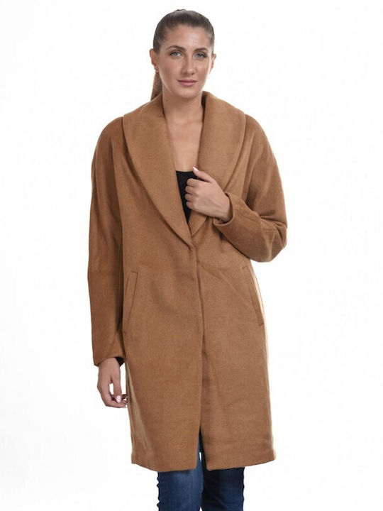 Biston Women's Long Coat with Buttons Camel