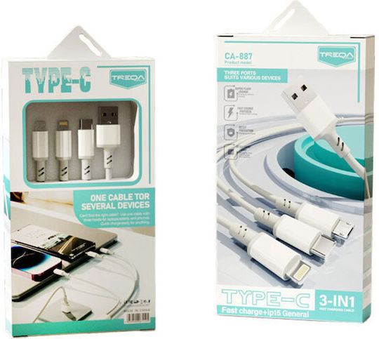 Treqa Regular Cablu USB la Lightning / Type-C / micro USB cu mai multe porturi Alb 1m (CA-887)
