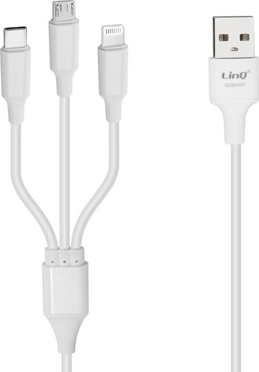 LinQ Regular Cablu USB la Lightning / Type-C / micro USB cu mai multe porturi 5A Alb 1.2m (QC20W05)