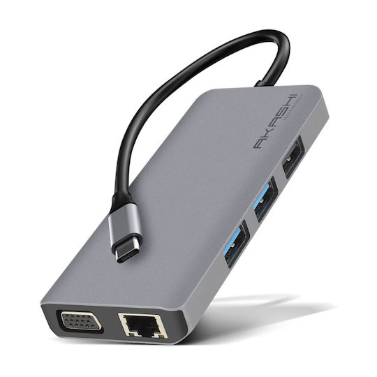 Akashi USB-C Докинг станция с HDMI 4K PD Етърнет и свързване 2 монитора Сив (ALTHUB9IN1TC)