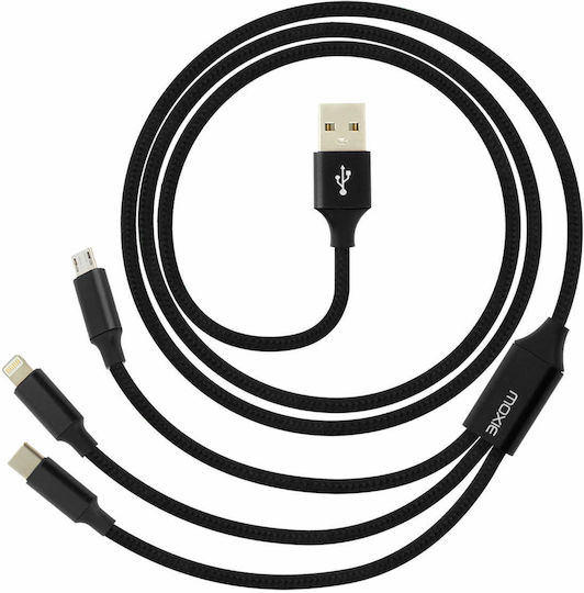 Moxie Плетена USB към Lightning / Type-C / micro USB Кабел 3Спецификация Черен 1м (DATA3EN1BLACK)