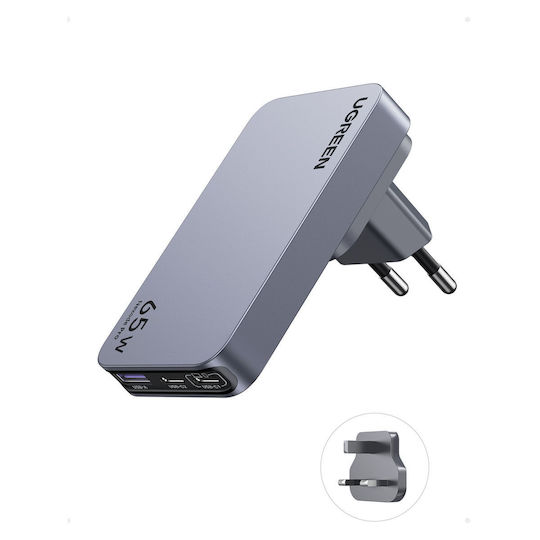 Ugreen Φορτιστής Χωρίς Καλώδιο GaN με Θύρα USB-A και 2 Θύρες USB-C 65W Power Delivery Γκρι (Nexode Pro)