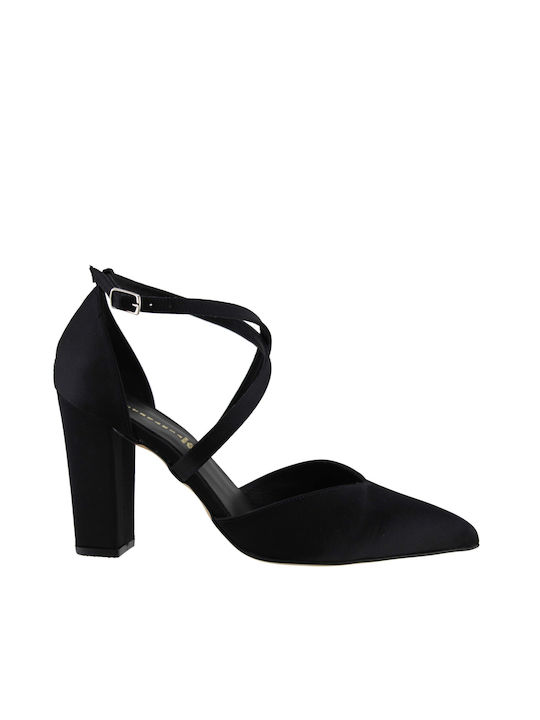 Stefania Pointed Toe Black Heels with Strap