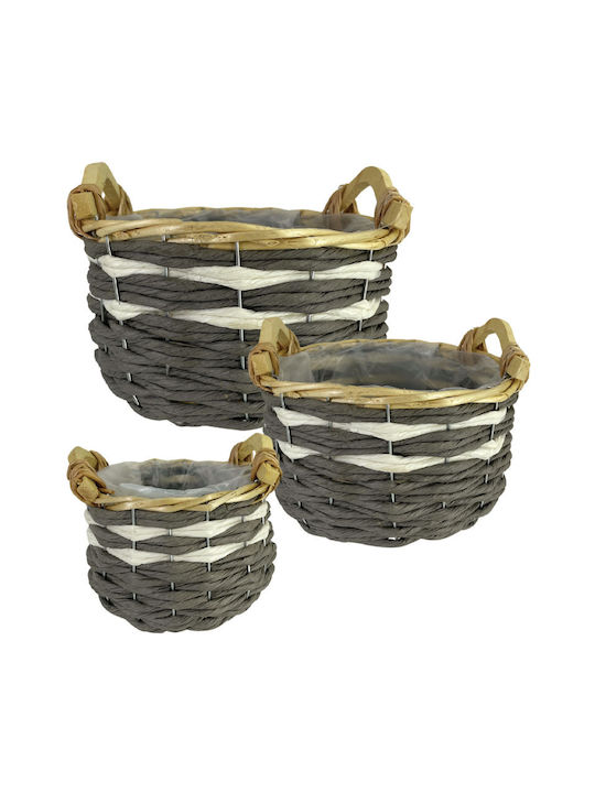 Set Ghivece Coș Împletit/3 Gri Alb Rotund cu Mâner din Lemn L:φ28x15/19 M:φ21x12.5/15 S:φ16x10.5/13cm 8/kib