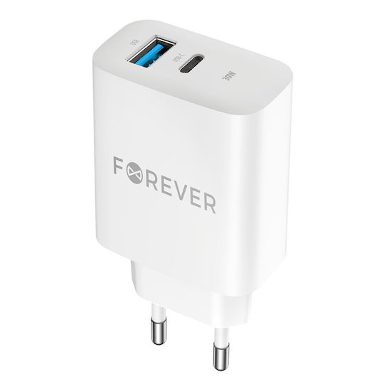 Forever Charger with USB-A Port and USB-C Port and Cable USB-C - USB-C 30W Power Delivery / Quick Charge 3.0 Whites (TC-07)