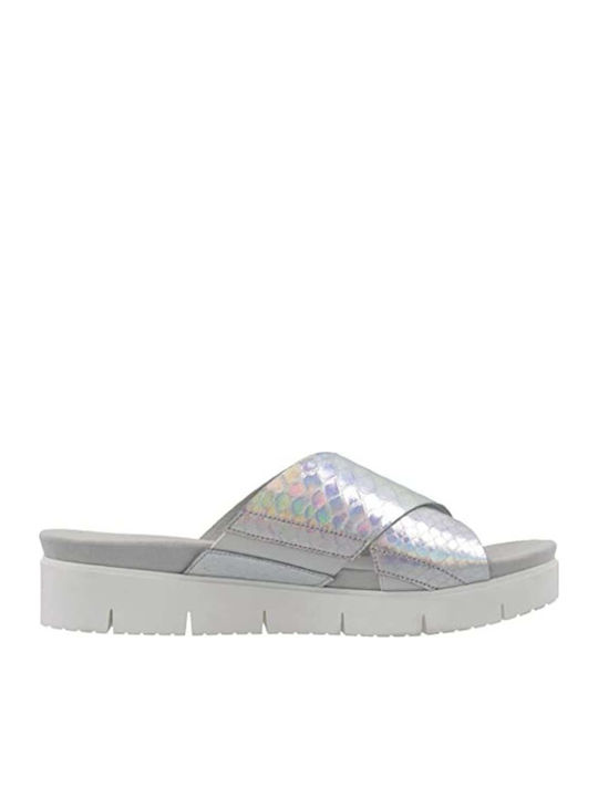Leather Women's Flat Sandals in Silver Color