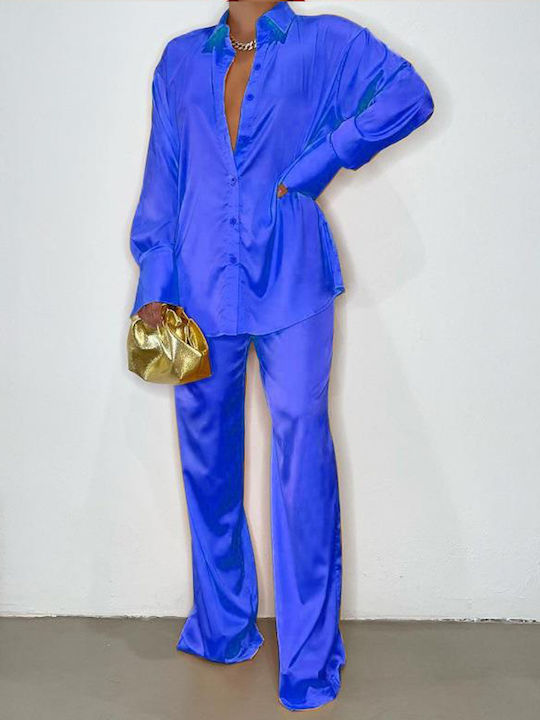 Satin Blue Shirt and Wide-Leg Pants Set