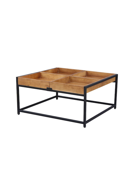 Square Central Combo Coffee Table Made of Solid Walnut Wood Brown Black W84xL80xH42cm