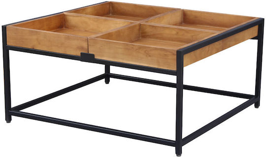Square Central Combo Coffee Table Made of Solid Walnut Wood Brown Black W84xL80xH42cm