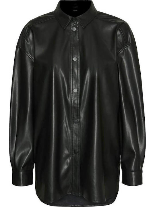 Long Sleeve Women's Leather Shirt Black