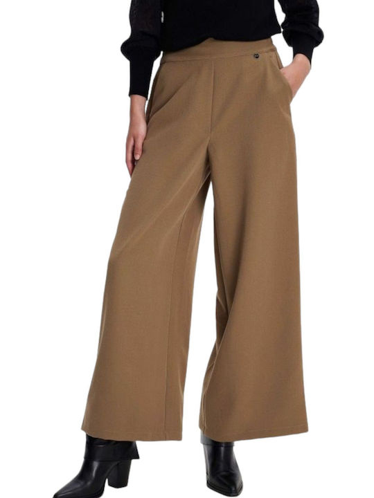 Ale - The Non Usual Casual Women's High-waisted Fabric Trousers with Elastic Camel