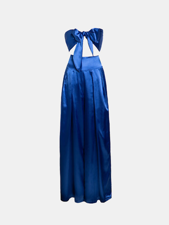 Satin Blue Top and Wide-Leg Trousers Set