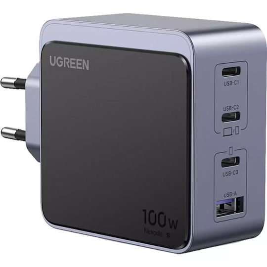 Ugreen Φορτιστής Χωρίς Καλώδιο GaN με Θύρα USB-A και 3 Θύρες USB-C 100W Power Delivery / Quick Charge 4.0 Γκρι (X565)