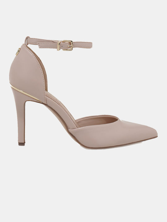 Exe Synthetic Leather Pointed Toe Beige Heels