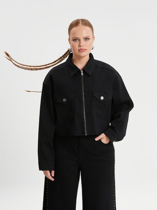 Lang Damen Jeansjacke Schwarz
