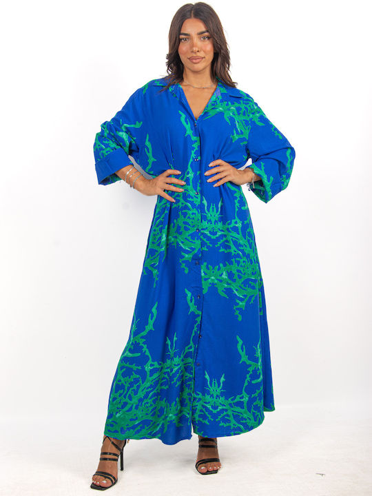 Rochie cămașă kaftan coral albastru-verde