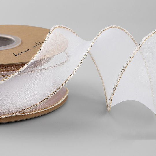 Organza Ribbon with Gold Thread White 40mm 9 meters