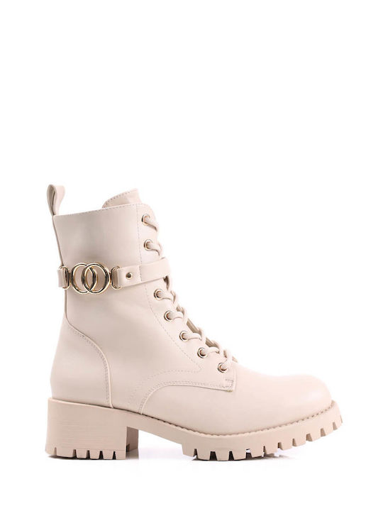 Beige Ankle Boots with Decorative Gold Buckle