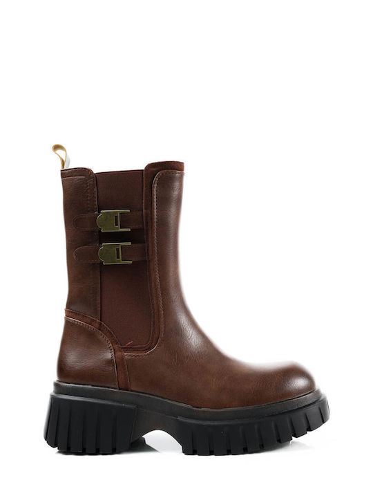 Brown High Ankle Boots with Double Buckle & Elastic