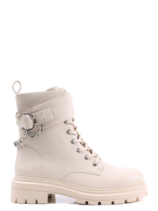 Beige Combat Boots with Metallic Details and Laces