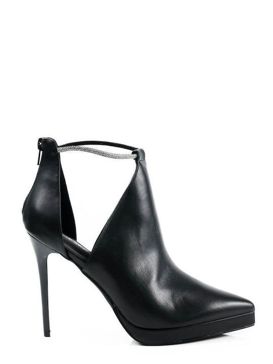 Black Matte Pointed Toe Ankle Boots with Rhinestones