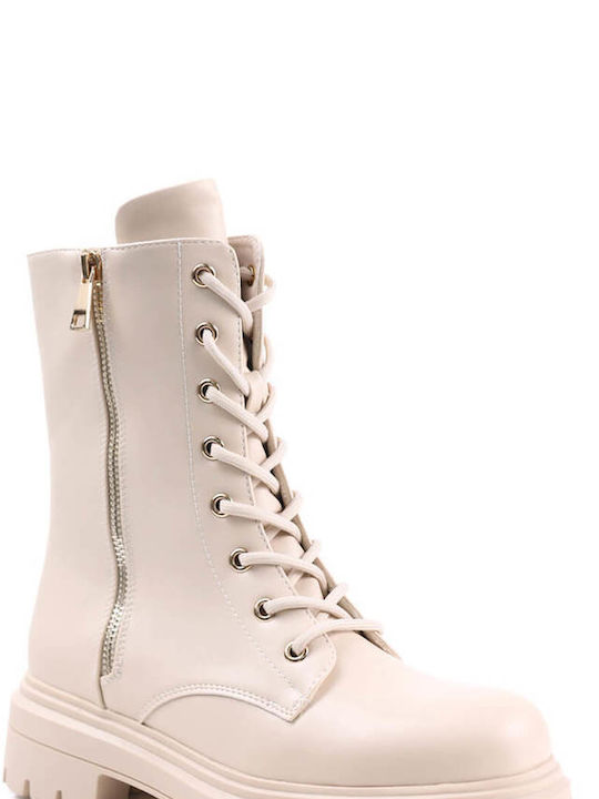 Beige Leather Ankle Boots with Zipper