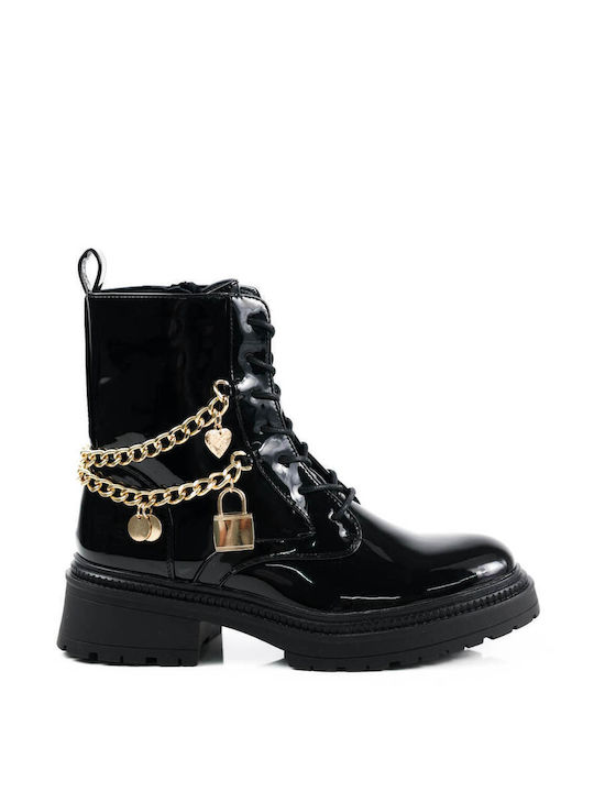 Black Patent Leather Ankle Boots with Gold Chains