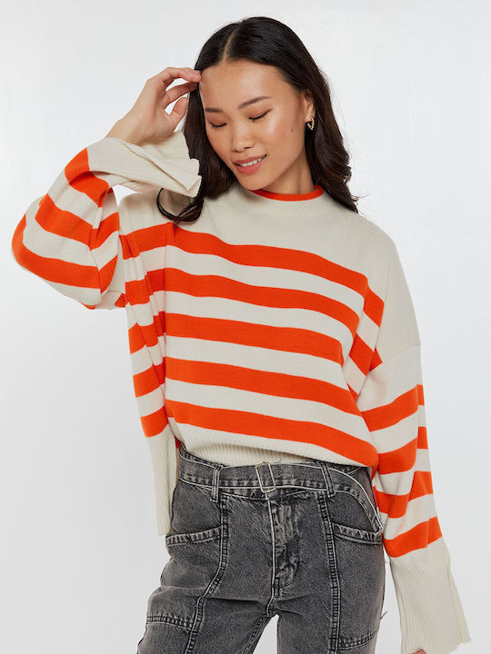 Knitted Blouse with Stripes + Openings Orange