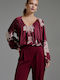 Women's Blouse Satin Long Sleeve with V Neckline Bordeaux