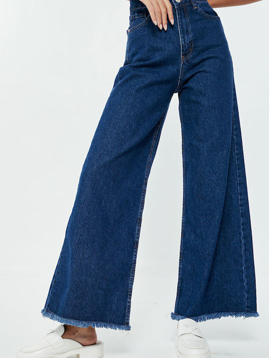 Women's High-waisted Denim Trousers Fluo Blue