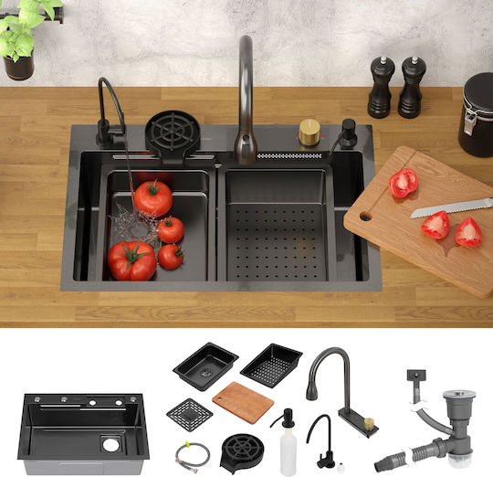 Built-in Sink 68x46 Cm Faucet Complete Set 8 Pieces Stainless Steel Anthracite Ml Design Built-in Sink 68x46 Cm Faucet Complete Set 8 Pieces Stainless Steel Anthracite Ml Design