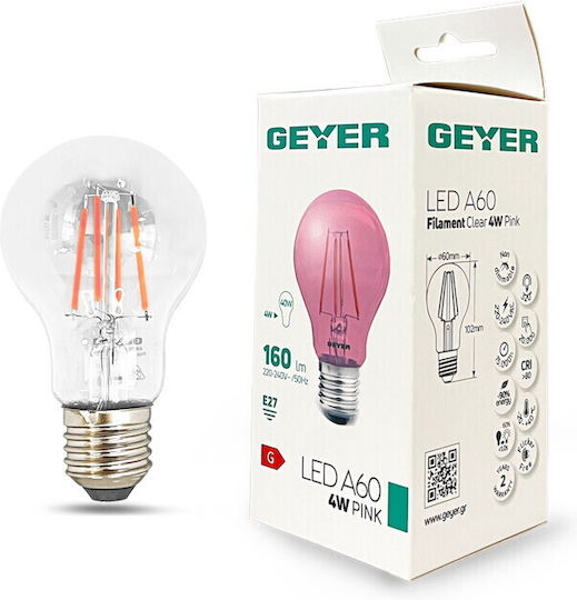 Geyer Λάμπα LED 4W για Ντουί E27 και Σχήμα A60 Ροζ 160lm