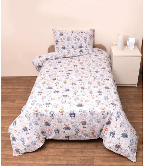 Viopros Kids Quilt Set Single with Pillowcase Robot White 160x240cm