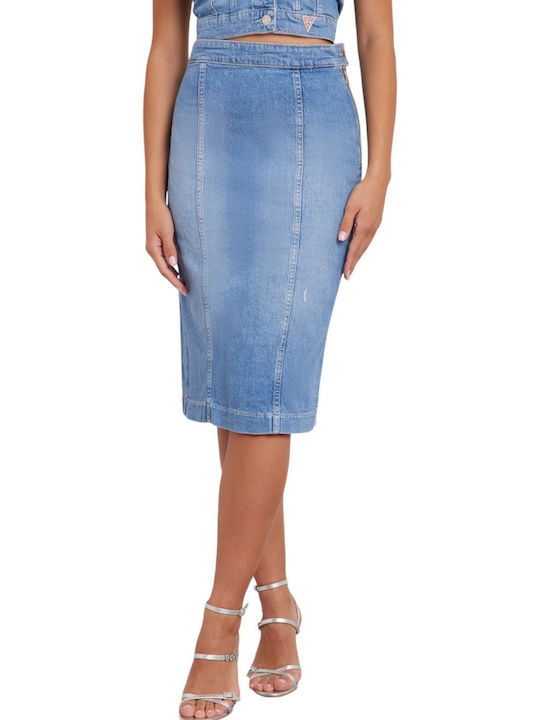 Guess Denim Pencil High Waist Midi Skirt in Blue color