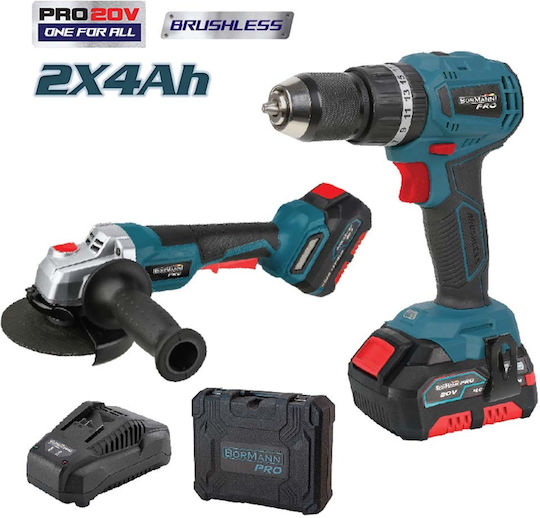 Bormann Pro BBP9280 Σετ Γωνιακός Τροχός & Δράπανο Brushless 20V με 2 Μπαταρίες 4Ah και Θήκη