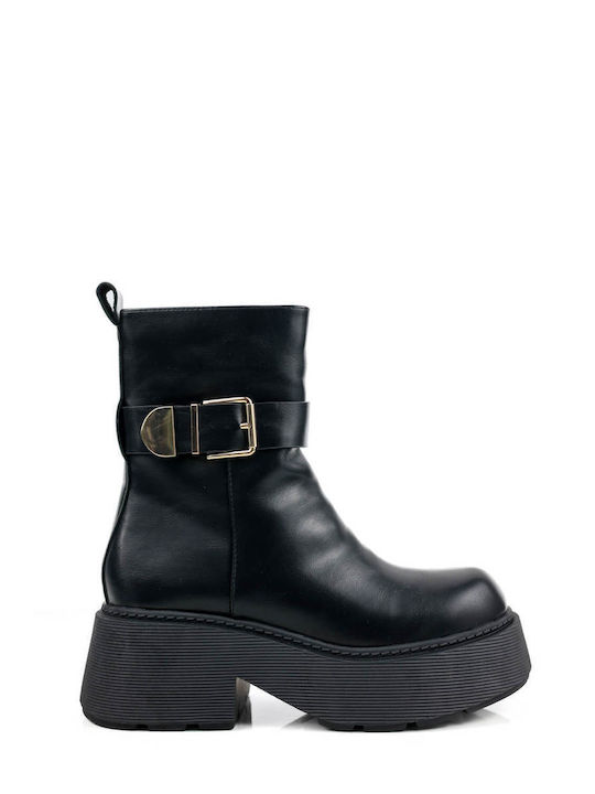 Black Platform Ankle Boots with Metallic Buckle