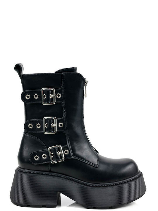 Black Platform Ankle Boots with Triple Buckle