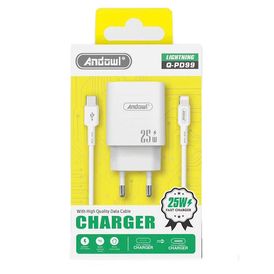 Andowl Φορτιστής με Θύρα USB-A και Θύρα USB-C και Καλώδιο USB-C - Lightning 25W Λευκός (Q-PD99)