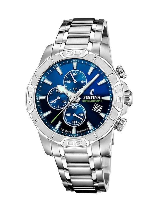 Festina Timeless Ανδρικό Ρολόι 45mm Χρονογράφος Μπαταρίας με Ασημί Μεταλλικό Μπρασελέ
