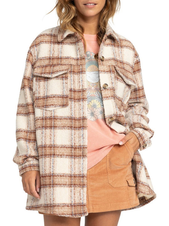 Check The Swell Women's Checked Long Sleeve Shirt Beige