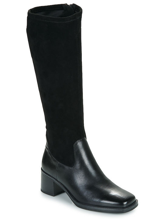 Leder Damenstiefel mit mittlerem Absatz Schwarz