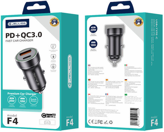 Jellico Forever Autoladegerät 20W Schnellladen mit Anschlüssen: 1xUSB-A 1xType-C zusammen mit Kabeltyp Type-C Schwarz