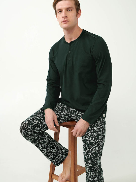 Vamp Men's Cotton Pyjamas Buttoned Top & All Over Print Foxes Pants Green Deep Forest Vamp Men's Cotton Pyjamas Buttoned Top & All Over Print Foxes Pants Green Deep Forest
