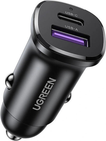 Ugreen EC305 Φορτιστής Αυτοκινήτου 30W Γρήγορης Φόρτισης με Θύρες: 1xUSB 1xType-C Μαύρο Χρώμα