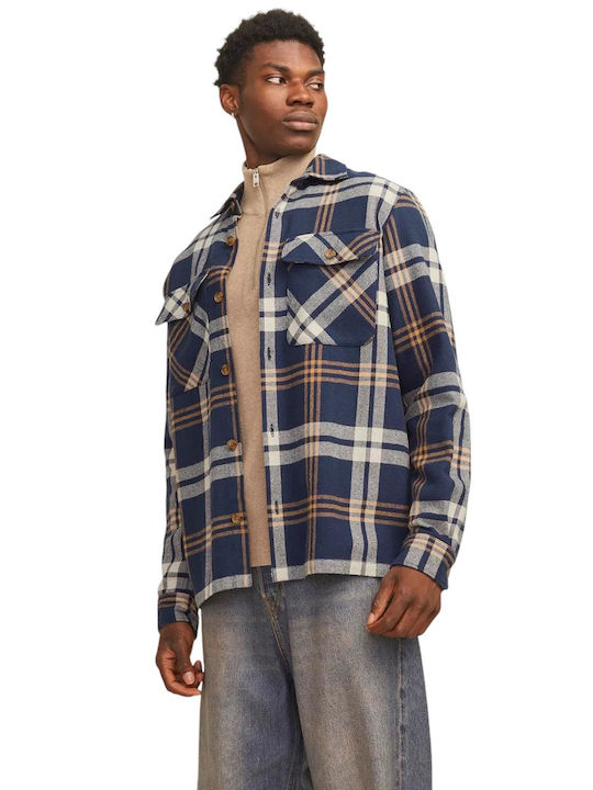 Melange Long Sleeve Cotton Overshirt In Regular Fit Checked Night Sky Multi